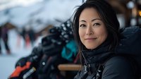 Asian woman snowboarder smiling at mountain ski resort wearing winter gear with snowboard equipment in snowy alpine landscape for winter sports adventure.