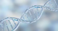 DNA double helix structure with transparent glass effect on soft blurred background for genetic research and biotechnology applications.