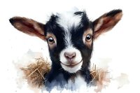 Young black and white baby goat with brown ears looking directly at camera, watercolor style artwork on soft neutral background with hay elements.