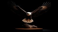 Majestic bald eagle with outstretched wings in dramatic lighting against black background, mounted on wooden display base for wildlife conservation education.