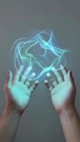 Hands holding glowing cyan energy orb with swirling light effects against neutral background. Futuristic technology and magic concept for digital design projects.