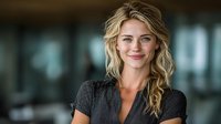 Professional blonde businesswoman smiling confidently in modern office environment, corporate executive portrait for business presentations and marketing.