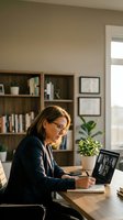 Professional middle-aged Caucasian businesswoman with glasses working on laptop during video conference call in modern home office with bookshelf and plants.