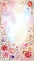 Romantic floral frame with roses, peonies, and hearts on watercolor background. Isolated design ready for invitations, greeting cards, and wedding stationery projects.