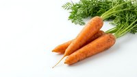 Fresh organic carrots with green tops isolated on white background for healthy cooking and nutrition concepts.