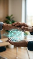 Two mature-skinned male professionals exchange digital energy between their hands in modern office setting, symbolizing technology transfer, partnership and innovation collaboration.