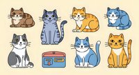 Cute cartoon cats in various poses and colors sitting and relaxing on cream background. Isolated clipart collection ready for design projects, children's books, greeting cards, and merchandise printing.