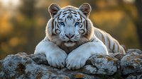 Majestic white tiger resting on rocks with intense blue eyes and striking facial features against blurred natural background, displaying powerful yet serene expression.