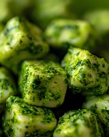Fresh gnocchi pasta coated in vibrant green pesto sauce, macro food photography showing texture and herbs. Appetizing Italian cuisine background.
