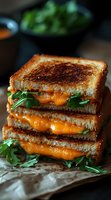 Grilled cheese sandwich stacked and sliced diagonally, showing melted cheddar cheese oozing between golden-brown toasted bread slices, garnished with fresh arugula leaves.