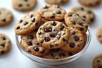 Fresh baked chocolate chip cookies stacked in clear glass bowl, showing crispy golden edges and melty dark morsels against soft centers, with more cookies scattered around.