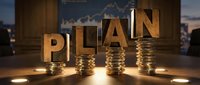Wooden letter blocks spelling PLAN on stacks of golden coins with financial charts in background representing business strategy and investment planning.