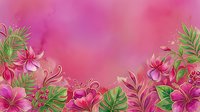 Vibrant pink watercolor background with tropical flowers and green leaves, featuring hibiscus blooms and lush foliage for summer designs.