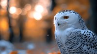 Snowy owl with white plumage and dark spots perched in winter landscape with warm bokeh lights, suitable for wildlife and nature backgrounds.