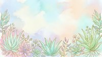 Soft watercolor background with pastel succulents and tropical leaves in mint, pink, and peach tones, perfect for cards and social media.