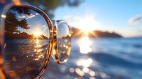 Sunset ocean view reflected in sunglasses lens with golden light flare and bokeh effect, close up shot showing summer beach landscape through eyewear glass.