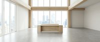 Modern empty office interior with wooden desk, floor-to-ceiling windows, city skyline view, and concrete floors in a bright, minimalist space.