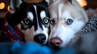 Two adorable husky puppies with striking blue eyes cuddling together indoors. Cozy domestic scene with warm lighting and soft textures for pet lovers.