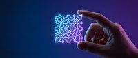 Hand holding glowing neon gears and cogs symbol against dark blue and purple gradient background, representing technology, innovation, engineering, and digital transformation concepts.