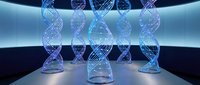 Futuristic DNA double helix structures glowing in blue light within modern laboratory environment for genetic research and biotechnology applications.