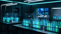 Futuristic laboratory with glowing blue holographic data displays and digital interfaces. Modern scientific research facility with advanced technology visualization.