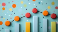 Colorful business graph showing growth trend with connected dots and bars on blue background with scattered polka dots pattern. For financial presentations.