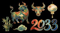 Decorative ox, bull head, lantern, bamboo, cloud and 2033 text elements isolated on transparent background. Ready for clipart, t-shirt design, stickers, print-on-demand and sublimation projects.