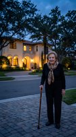 Senior Caucasian woman with walking cane standing on brick pathway in front of illuminated luxury home during twilight hour for lifestyle photography.