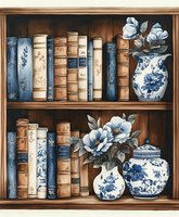 Vintage books arranged on wooden shelves with blue and white porcelain vases featuring floral designs. Antique library setting with classic literature and oriental ceramics.