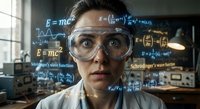 Female scientist wearing safety goggles surrounded by floating physics equations and formulas in modern laboratory setting for educational content.