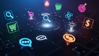 Digital technology icons floating above smartphone screen with glowing neon effects on dark background for business and communication concepts.