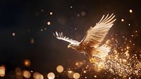 Majestic golden eagle soaring through dark sky with luminous particles trailing behind wings, symbolizing freedom, power, and transformation for inspirational designs.
