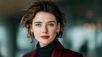 Professional young Caucasian businesswoman with short curly hair in burgundy blazer and black turtleneck smiling confidently in modern office environment.