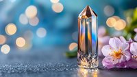 Clear quartz crystal point with rainbow reflections beside pink cherry blossoms on sparkly surface with soft bokeh lights for healing and meditation.