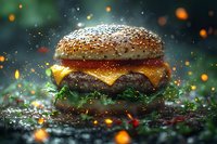 Juicy cheeseburger with melted cheese, fresh lettuce, and sesame seed bun captured in dramatic lighting with water droplets and bokeh effects creating atmosphere.