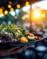 Fresh, vegetables and nuts on black plate against blurred bokeh lights background, restaurant atmosphere.