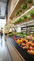 Modern grocery store produce section with fresh fruits and vegetables displayed on shelves with herb garden above for sustainable shopping experience.