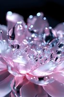 Pink lotus flower with crystal clear water drops creating magical bokeh effect against dark background, soft focus macro photography highlighting delicate petals and reflections.