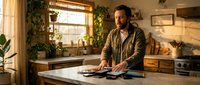 Middle-aged Caucasian man reading magazine in cozy kitchen with plants and warm natural lighting creating comfortable domestic atmosphere.