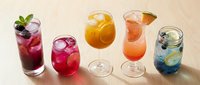 Colorful cocktails and mocktails with ice, garnishes and fresh ingredients arranged on neutral background for beverage menu design.