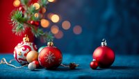 Red Christmas baubles with snowflake patterns on blue background with pine branches and festive bokeh lights creating holiday atmosphere.