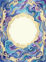 Watercolor frame with swirling blue and purple clouds, gold ornate border, and blank center oval for text or design use.