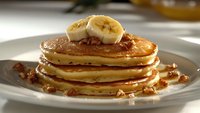 Stack of fluffy golden pancakes topped with fresh banana slices, drizzled maple syrup and chopped nuts on white ceramic plate, close-up view with soft lighting.