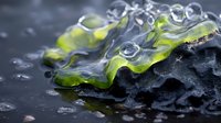 Green seaweed algae on wet dark volcanic rock surface with water droplets and bubbles creating natural marine coastal texture for organic wellness designs.