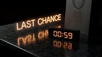 Glowing neon Last Chance sign beside a digital countdown clock showing 00:59, reflected on dark surface, urgency and deadline concept.