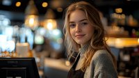 Young woman with blonde hair and warm smile sitting at bar counter in cozy evening atmosphere with soft bokeh lights and warm illumination in background.