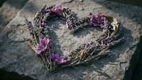 Heart-shaped wreath made from dried twigs and purple flowers on rustic wooden surface for romantic decoration and craft projects.