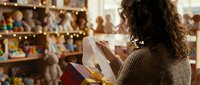 Woman with long curly dark hair wearing a brown sweater holding a wrapped gift box at a festive holiday gathering with decorated interior and blurred guests in background.