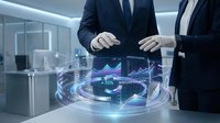 Business professionals analyzing holographic financial data charts and graphs in modern office environment for strategic planning and decision making.