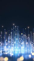 Glowing blue vertical light lines with bokeh effects rising against dark background, creating futuristic technology visualization for digital concepts.